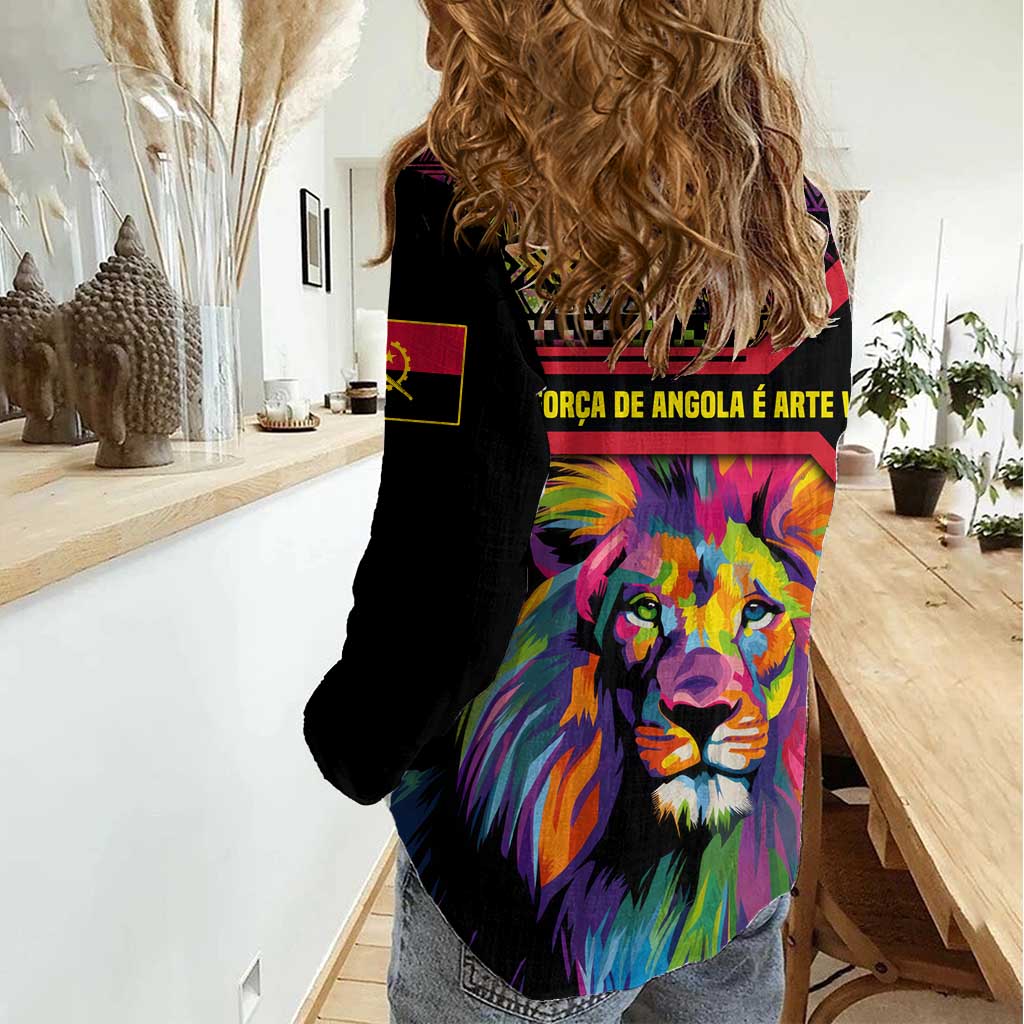 Angola Women Casual Shirt with Multicolor Tribal Design and Vibrant Lion - Wonder Print Shop