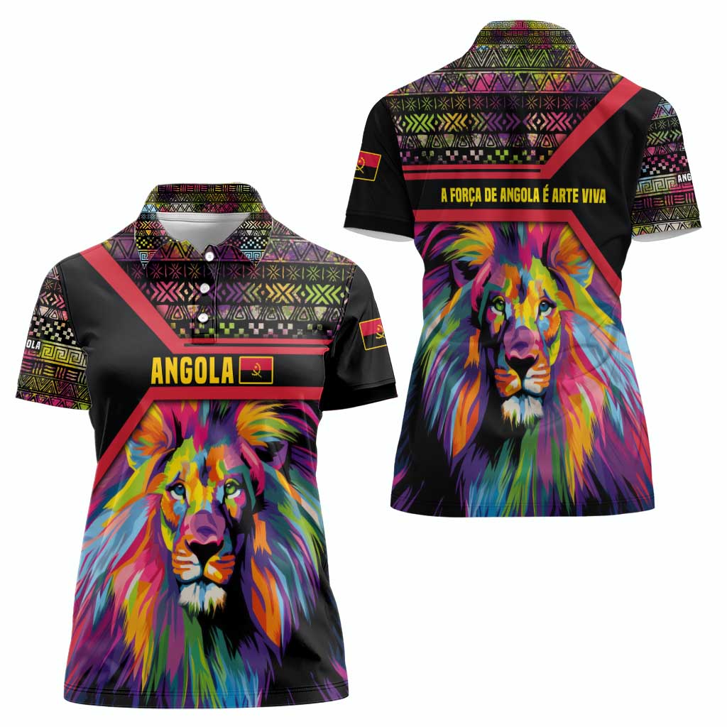 Angola Women Polo Shirt with Multicolor Tribal Design and Vibrant Lion - Wonder Print Shop