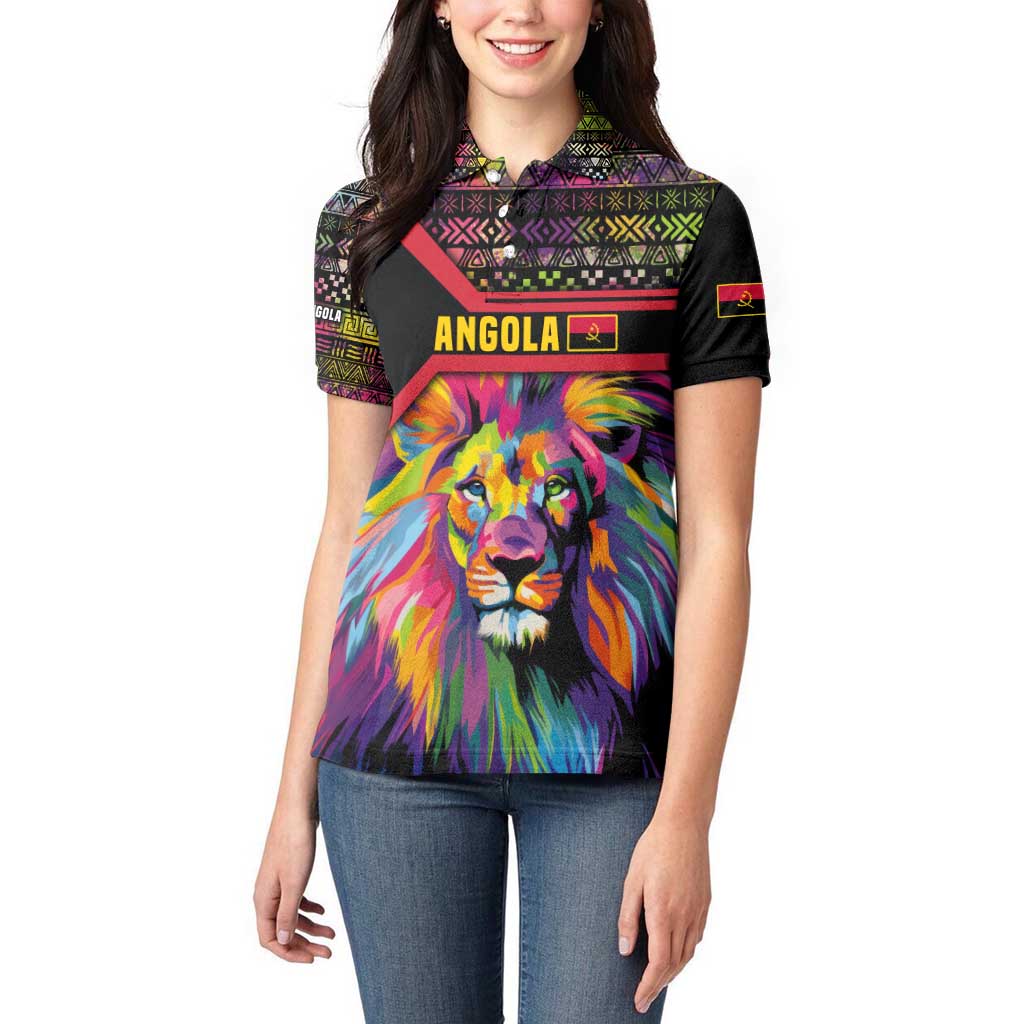 Angola Women Polo Shirt with Multicolor Tribal Design and Vibrant Lion - Wonder Print Shop