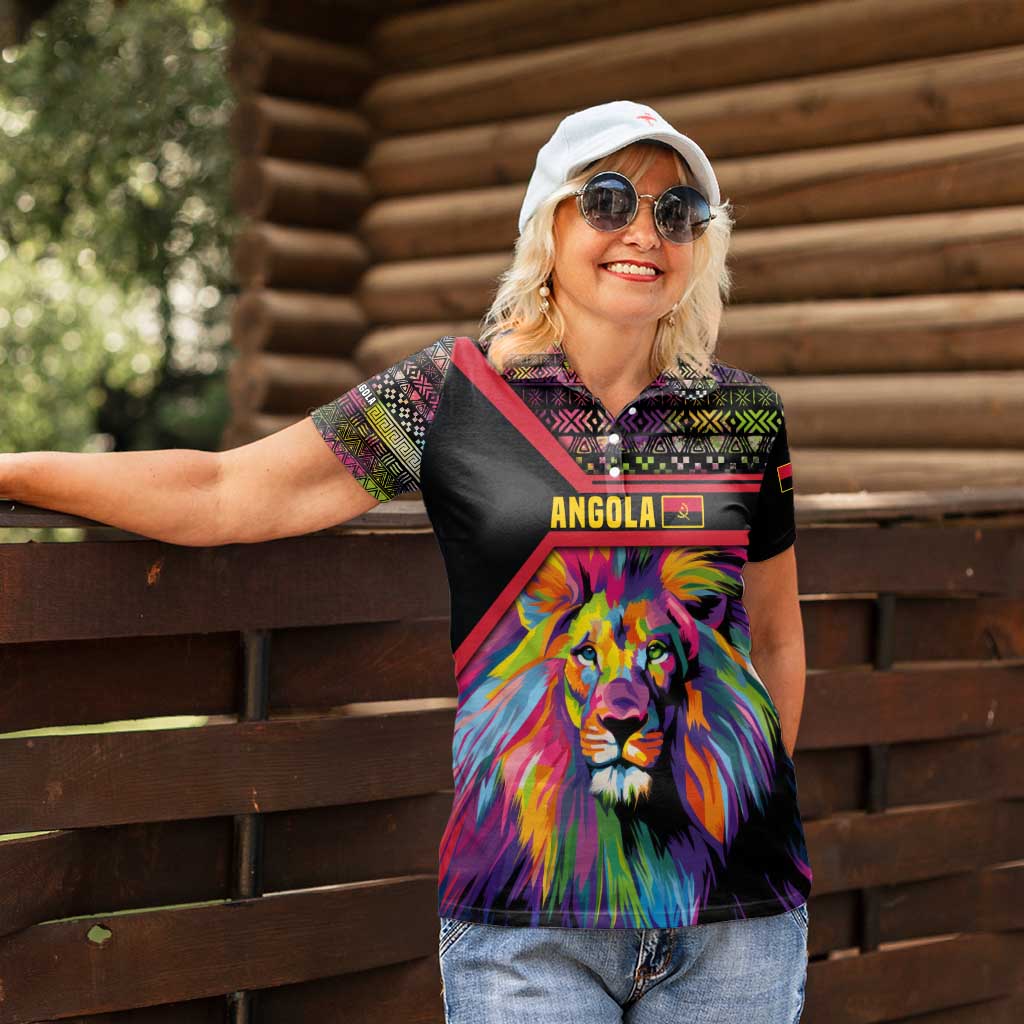 Angola Women Polo Shirt with Multicolor Tribal Design and Vibrant Lion - Wonder Print Shop