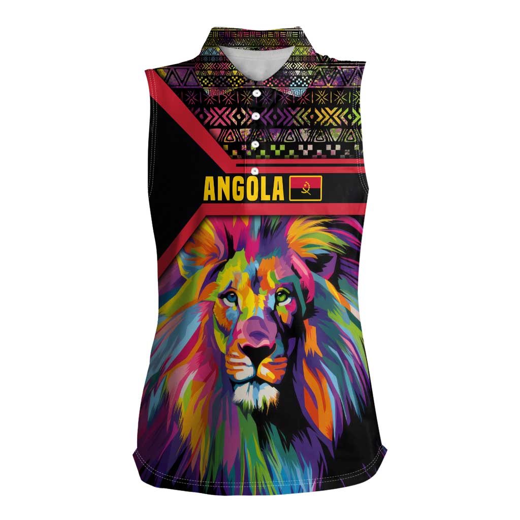 Angola Women Sleeveless Polo Shirt with Multicolor Tribal Design and Vibrant Lion - Wonder Print Shop