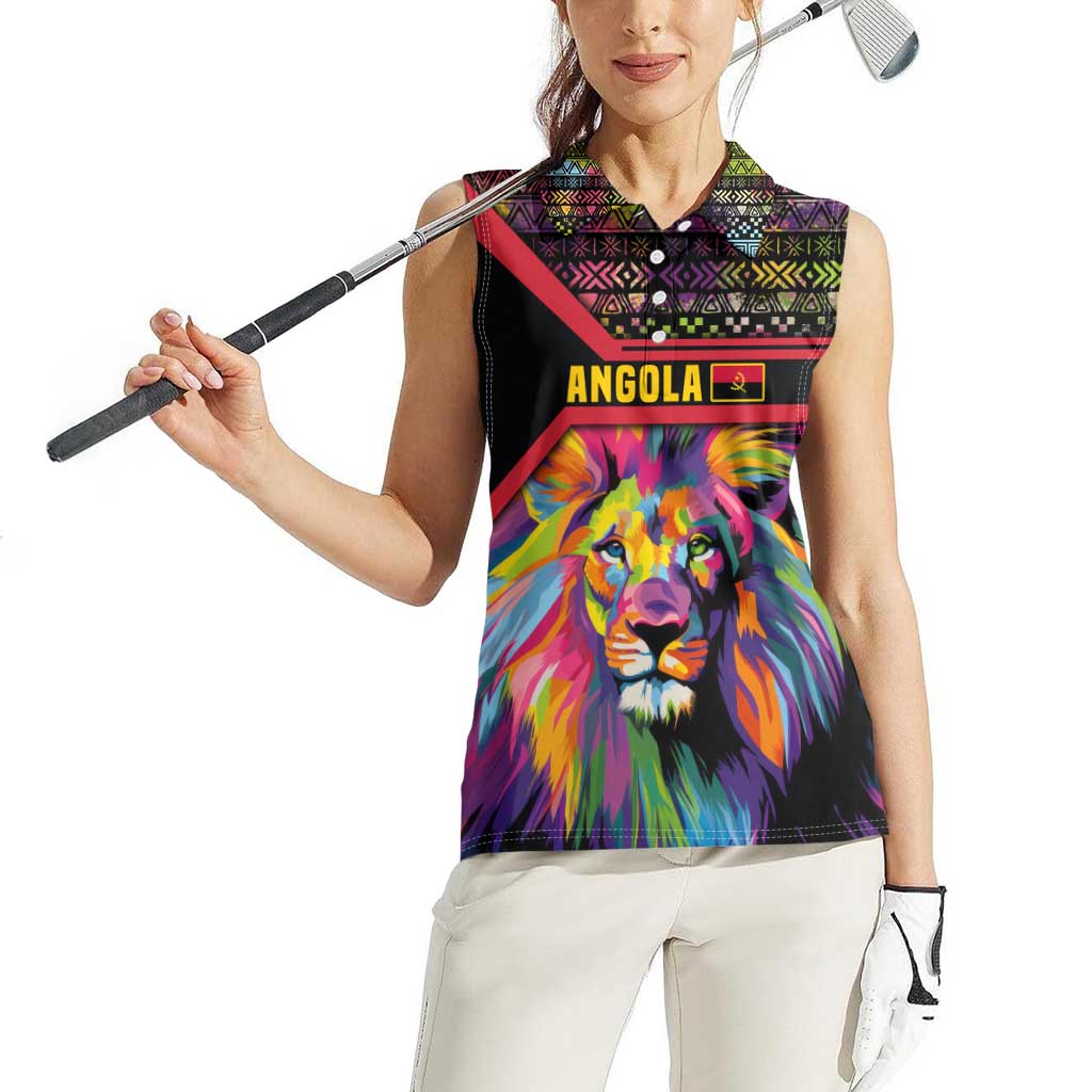 Angola Women Sleeveless Polo Shirt with Multicolor Tribal Design and Vibrant Lion - Wonder Print Shop