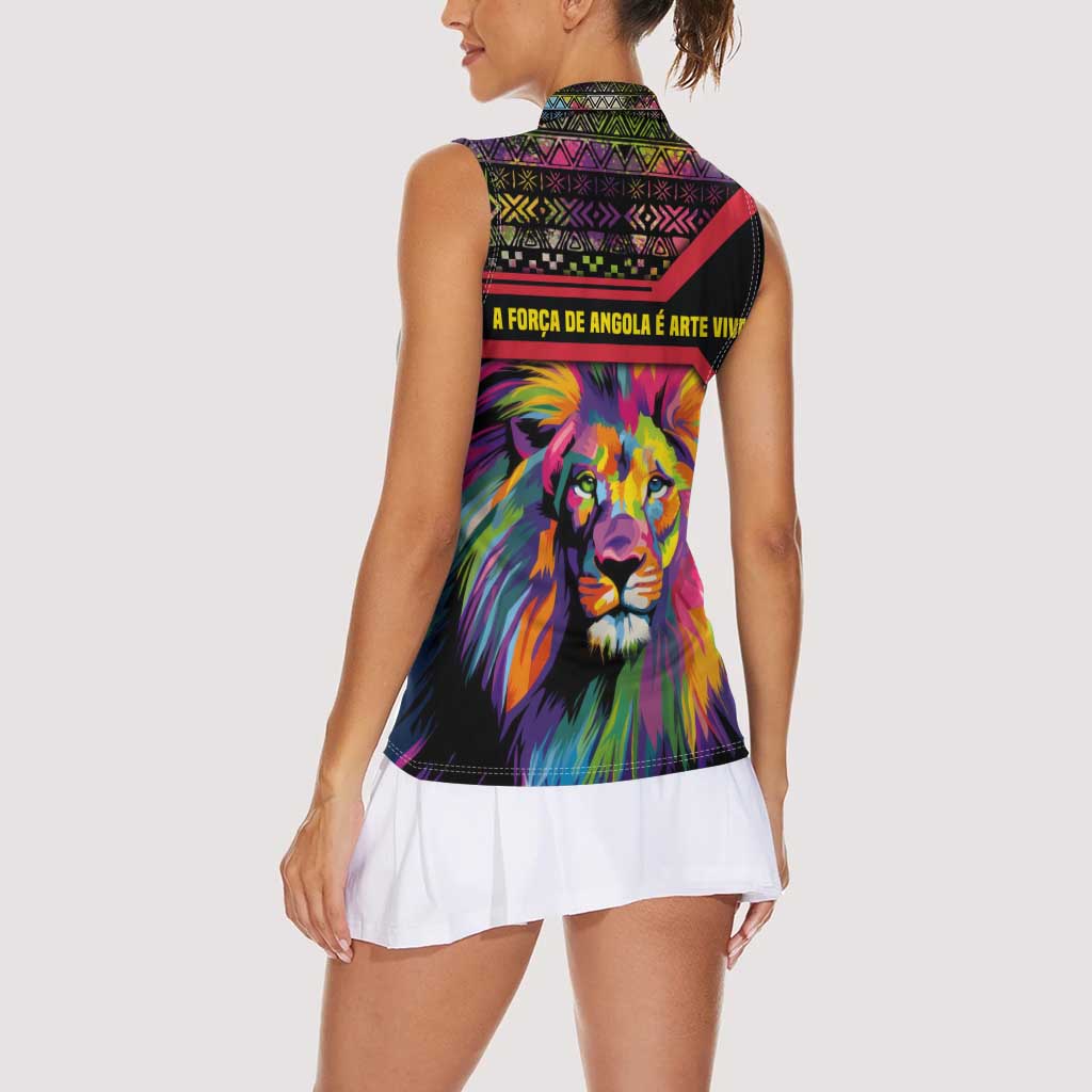 Angola Women Sleeveless Polo Shirt with Multicolor Tribal Design and Vibrant Lion - Wonder Print Shop