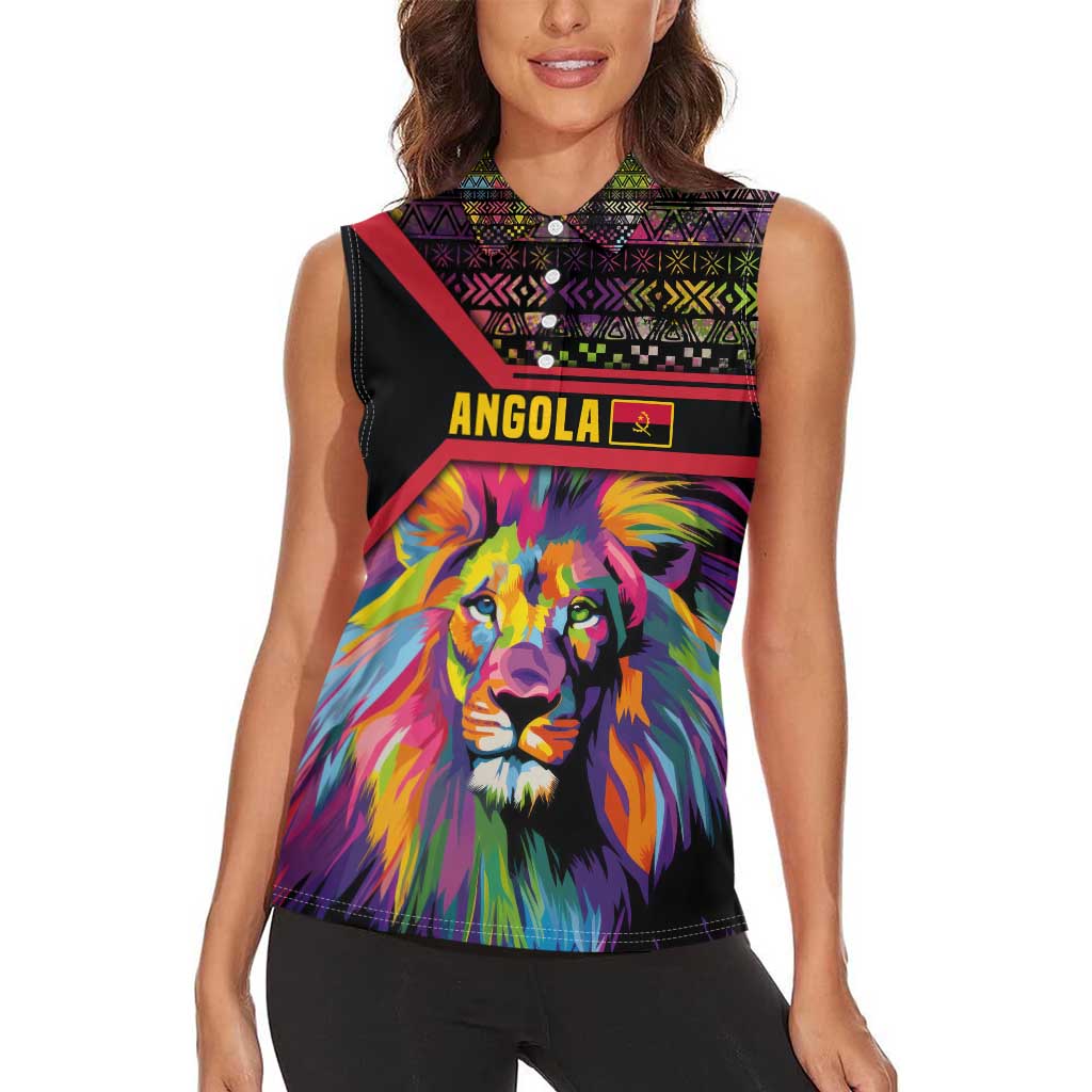Angola Women Sleeveless Polo Shirt with Multicolor Tribal Design and Vibrant Lion - Wonder Print Shop