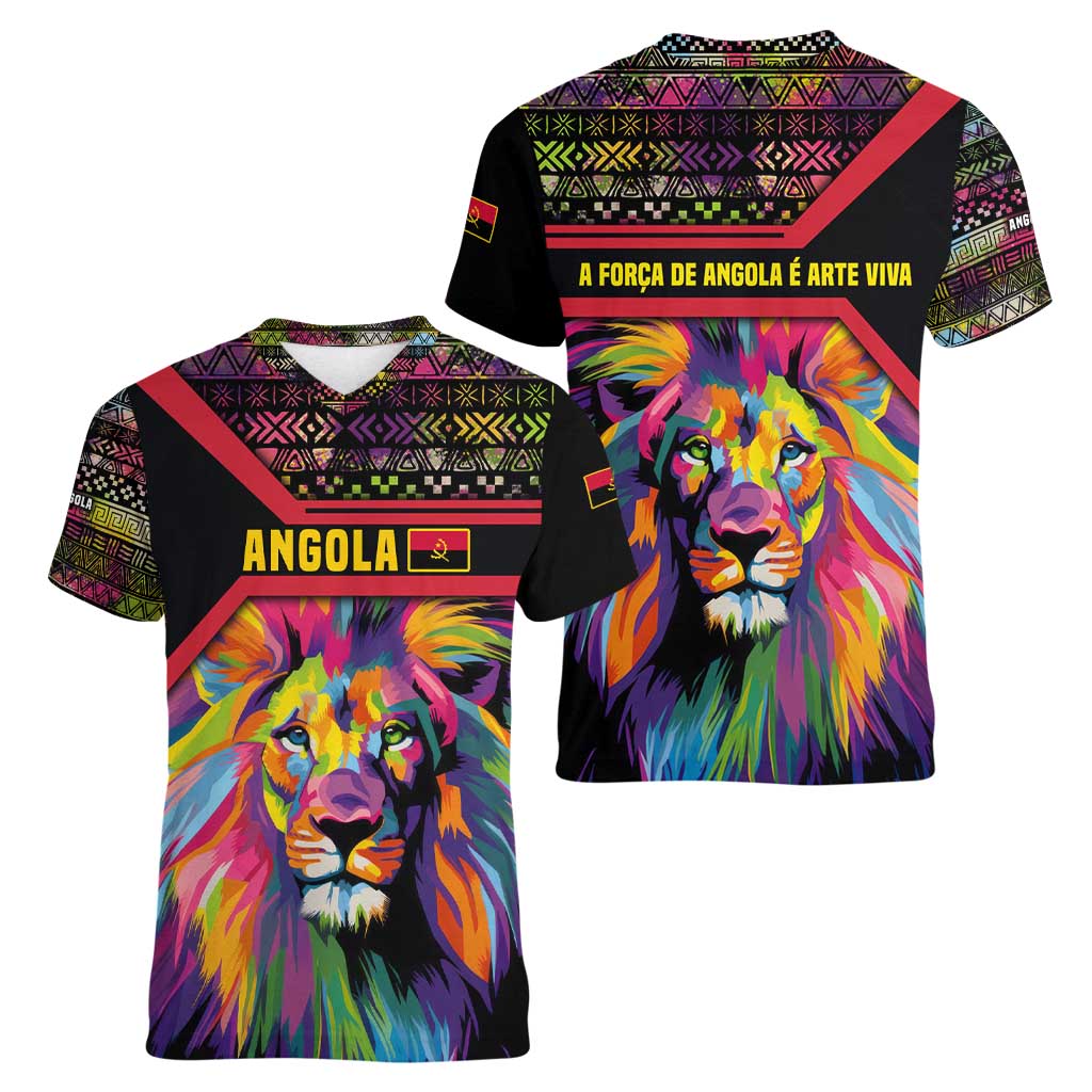 Angola Women V-Neck T-Shirt with Multicolor Tribal Design and Vibrant Lion - Wonder Print Shop