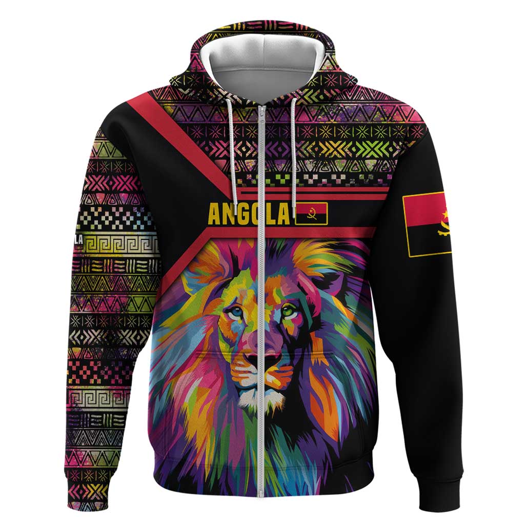 Angola Zip Hoodie with Multicolor Tribal Design and Vibrant Lion - Wonder Print Shop