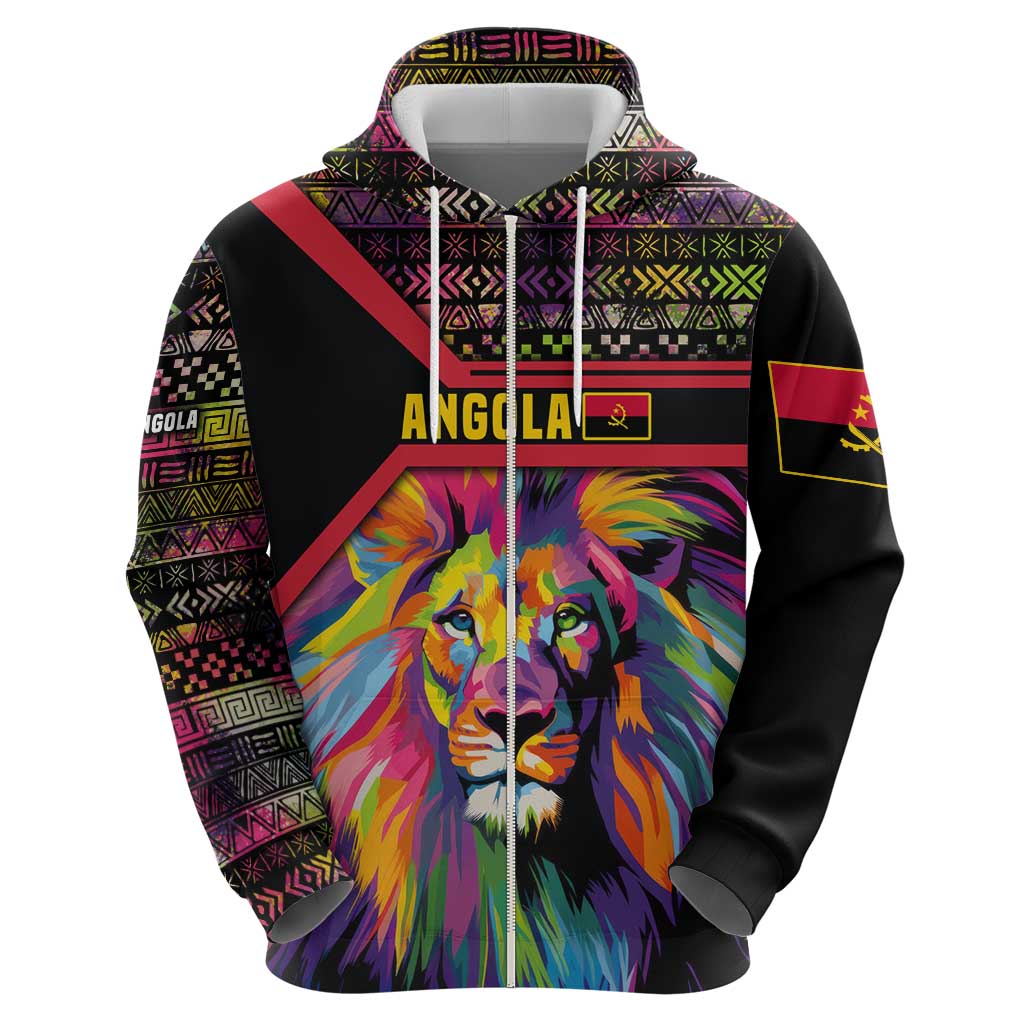 Angola Zip Hoodie with Multicolor Tribal Design and Vibrant Lion - Wonder Print Shop