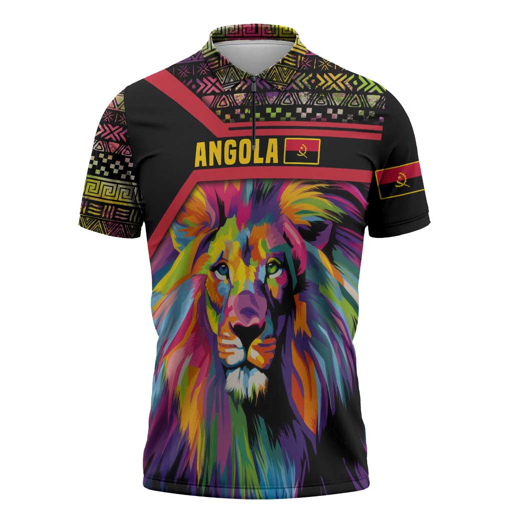 Angola Zipper Polo Shirt with Multicolor Tribal Design and Vibrant Lion - Wonder Print Shop