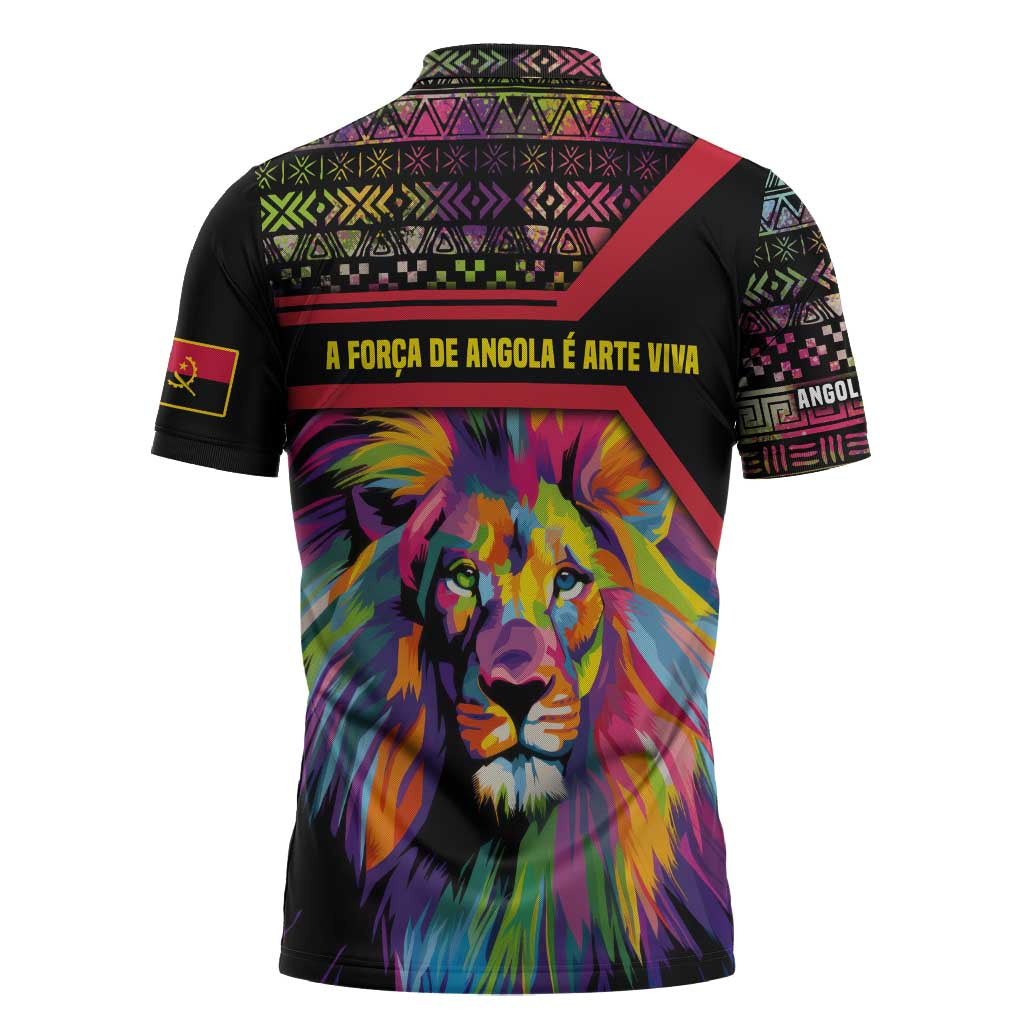 Angola Zipper Polo Shirt with Multicolor Tribal Design and Vibrant Lion - Wonder Print Shop