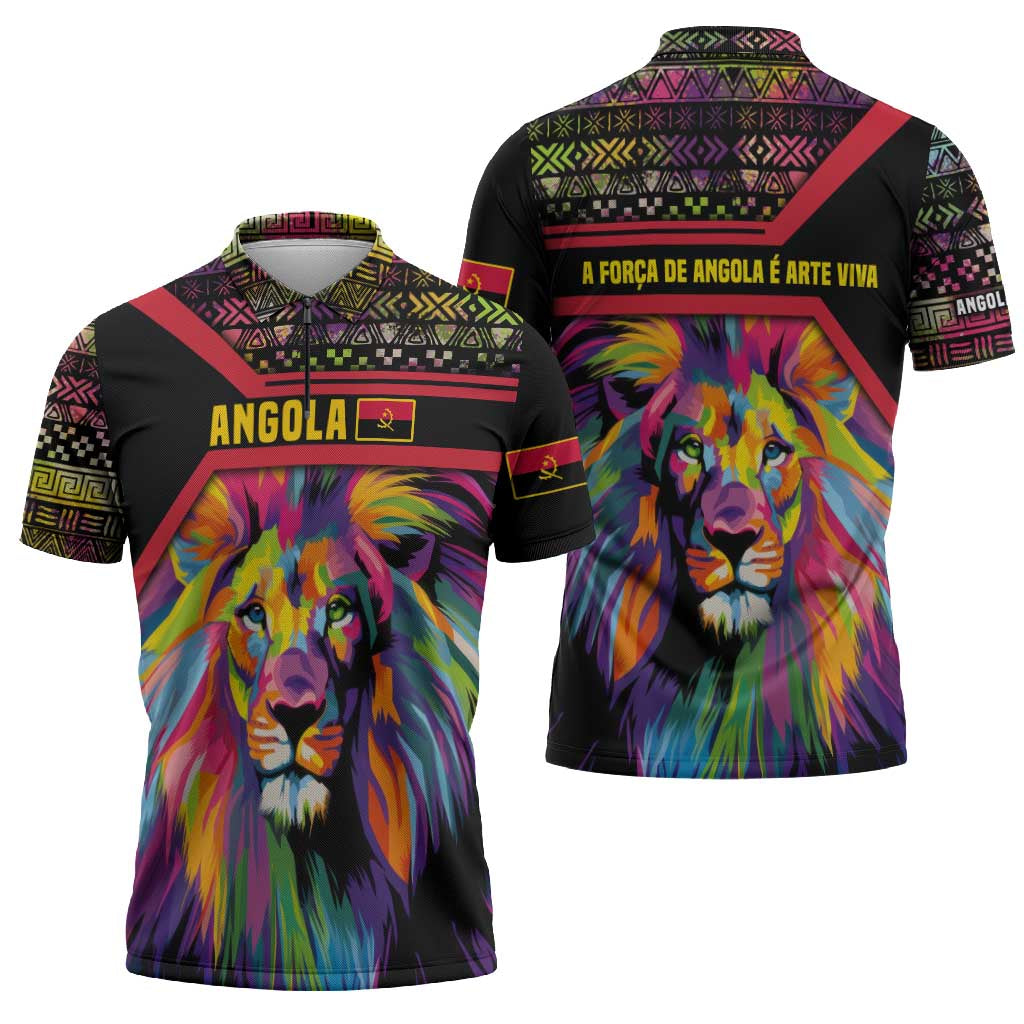 Angola Zipper Polo Shirt with Multicolor Tribal Design and Vibrant Lion - Wonder Print Shop