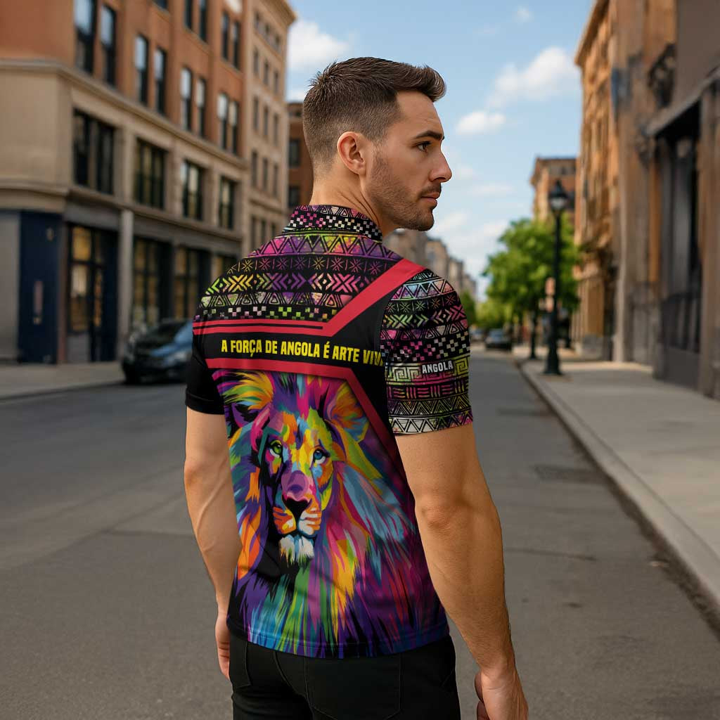 Angola Zipper Polo Shirt with Multicolor Tribal Design and Vibrant Lion - Wonder Print Shop