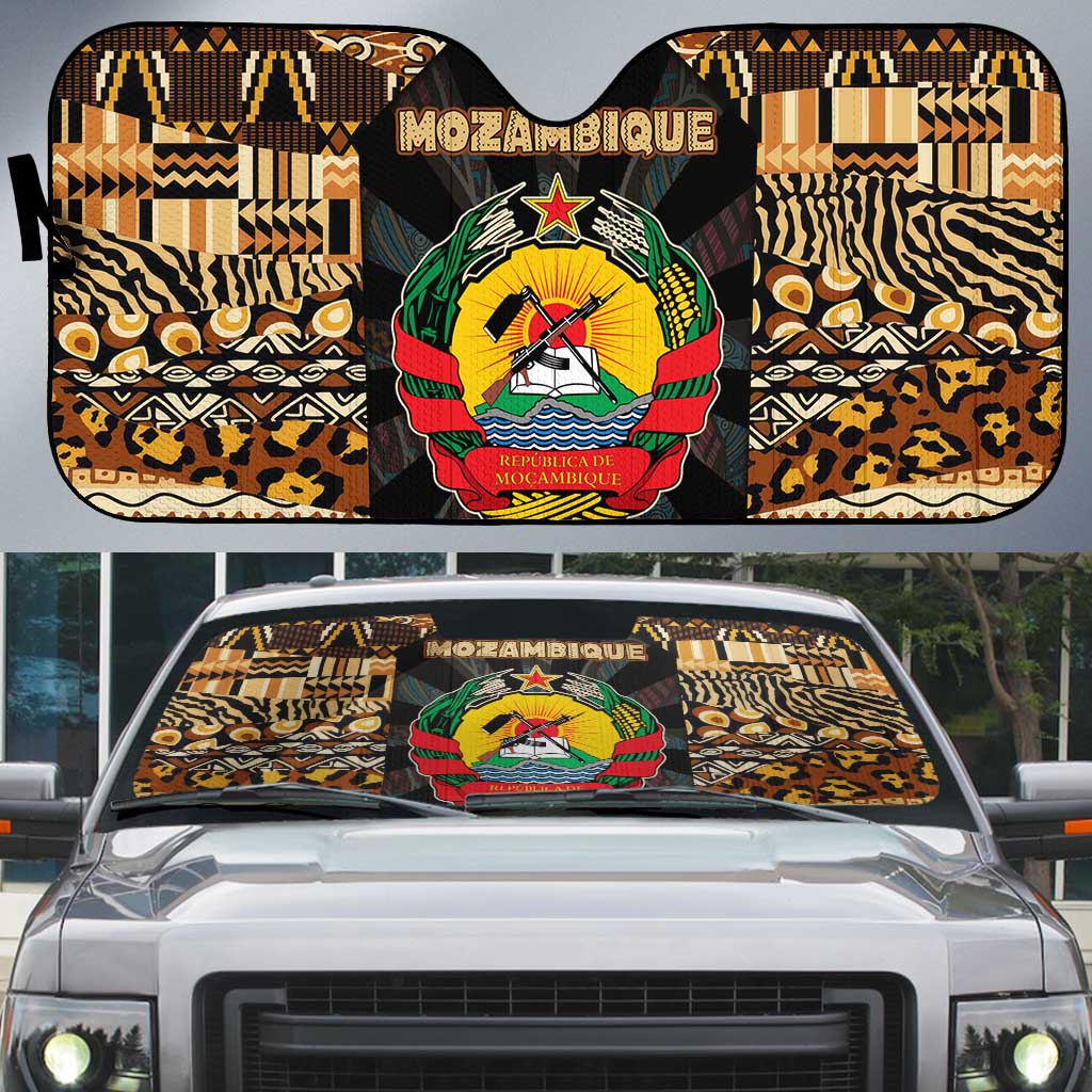 Mozambique Auto Sun Shade with Black Brown Tribal Design and National Emblem - Wonder Print Shop