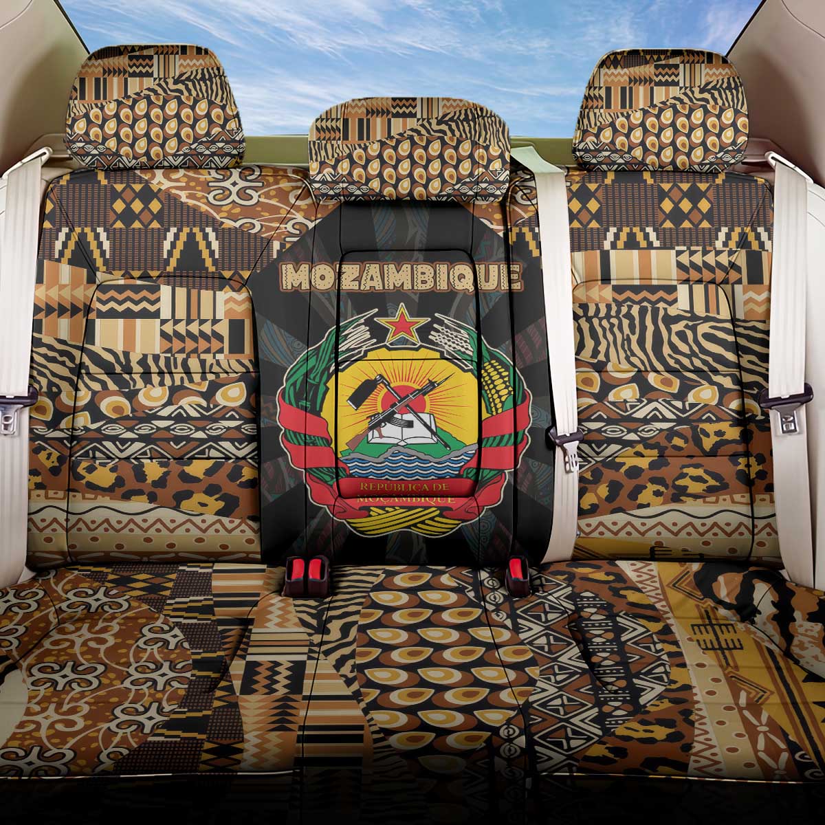 Mozambique Back Car Seat Cover with Black Brown Tribal Design and National Emblem - Wonder Print Shop