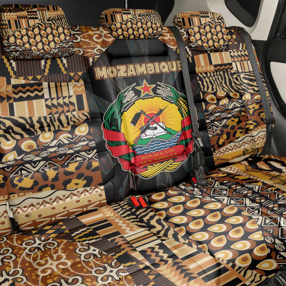 Mozambique Back Car Seat Cover with Black Brown Tribal Design and National Emblem - Wonder Print Shop