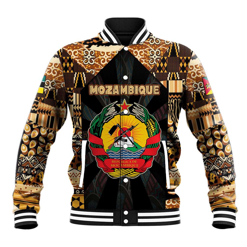 Mozambique Baseball Jacket with Black Brown Tribal Design and National Emblem - Wonder Print Shop