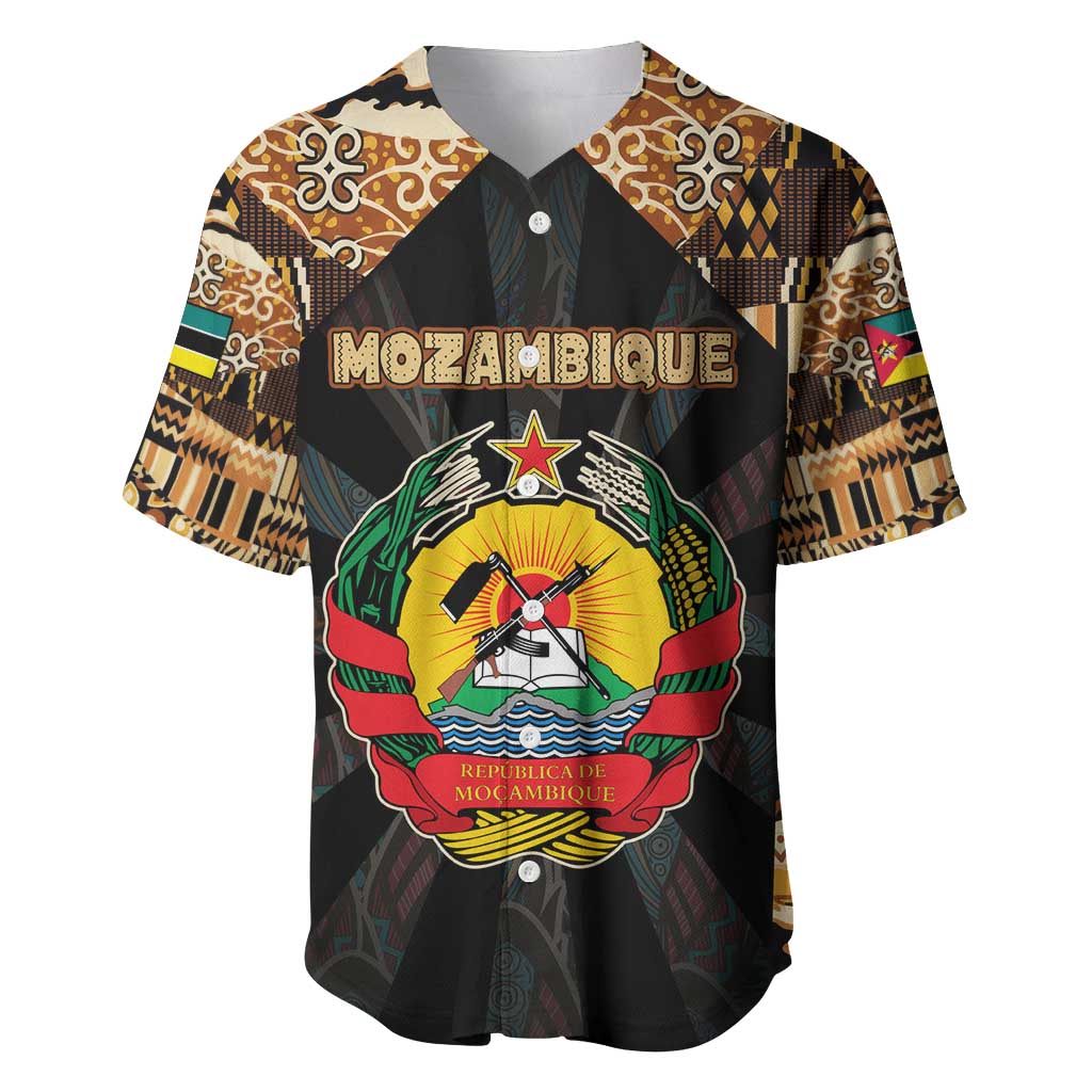 Mozambique Baseball Jersey with Black Brown Tribal Design and National Emblem - Wonder Print Shop
