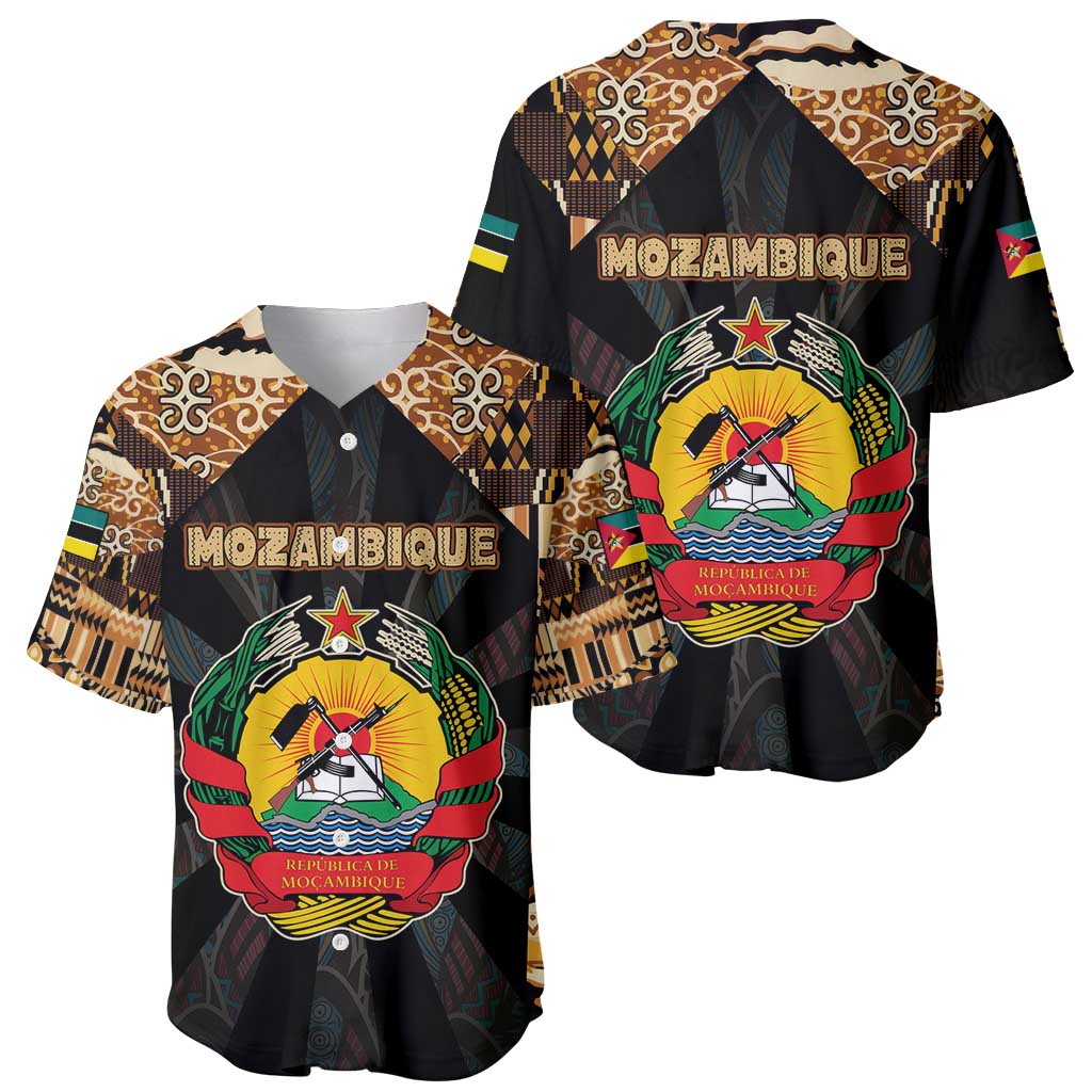 Mozambique Baseball Jersey with Black Brown Tribal Design and National Emblem - Wonder Print Shop