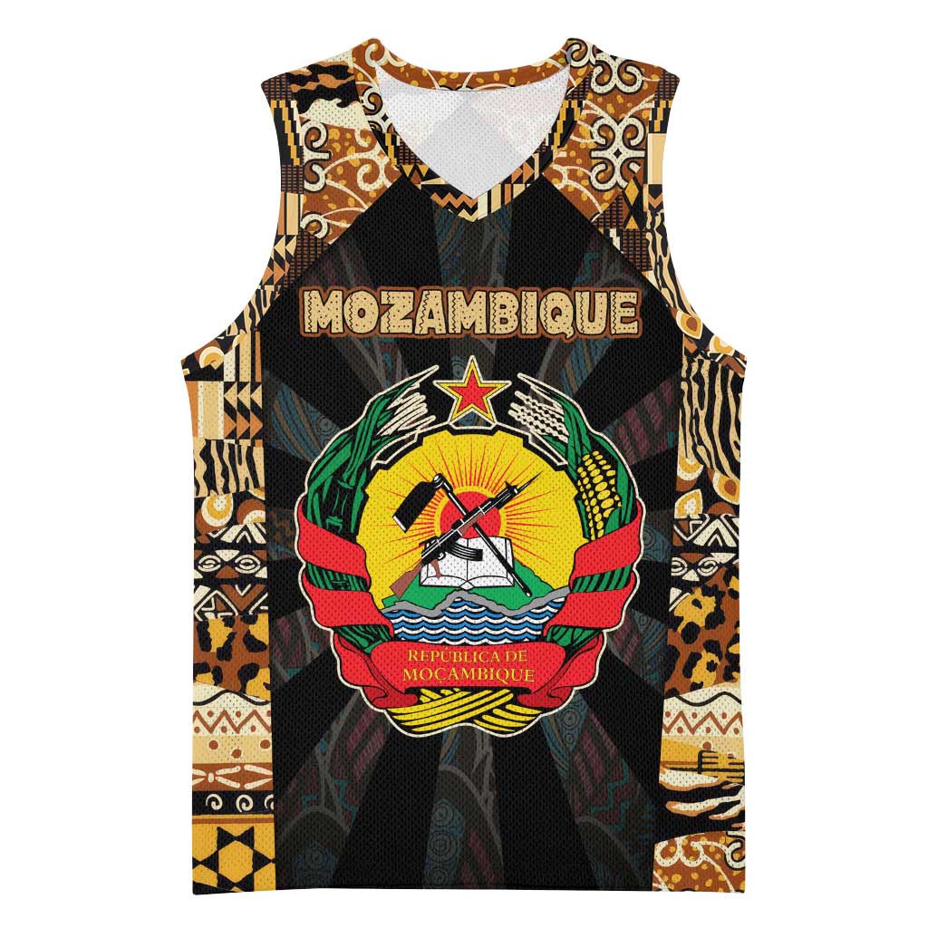 Mozambique Basketball Jersey with Black Brown Tribal Design and National Emblem - Wonder Print Shop
