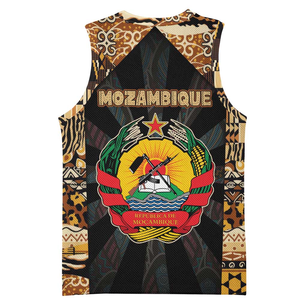 Mozambique Basketball Jersey with Black Brown Tribal Design and National Emblem - Wonder Print Shop