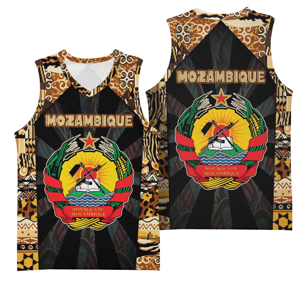 Mozambique Basketball Jersey with Black Brown Tribal Design and National Emblem - Wonder Print Shop