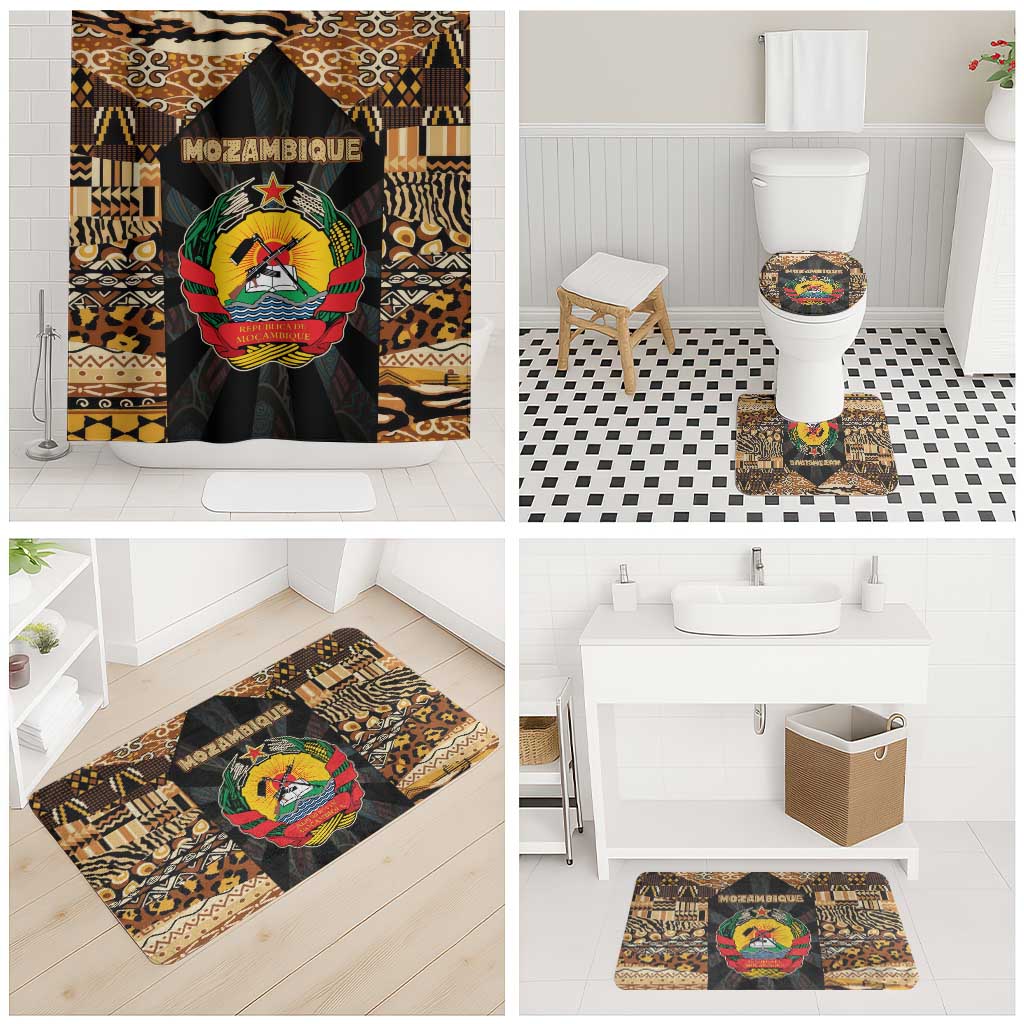 Mozambique Bathroom Set with Black Brown Tribal Design and National Emblem - Wonder Print Shop