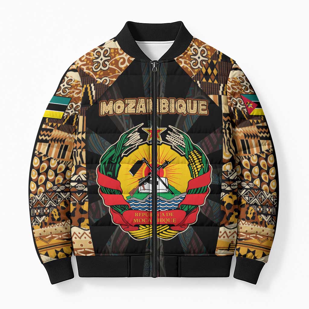 Mozambique Bomber Puffer Jacket with Black Brown Tribal Design and National Emblem - Wonder Print Shop