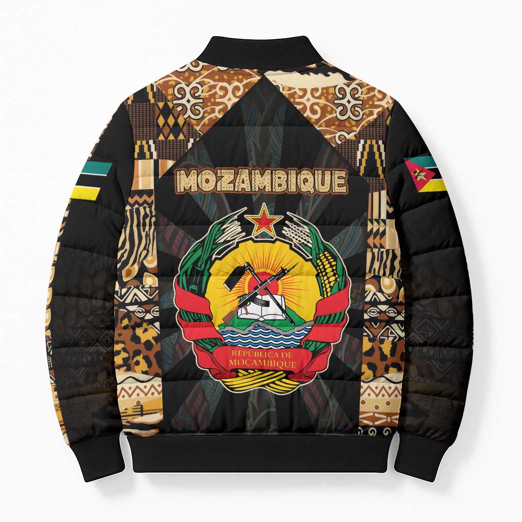 Mozambique Bomber Puffer Jacket with Black Brown Tribal Design and National Emblem - Wonder Print Shop