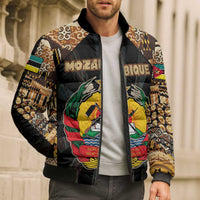 Mozambique Bomber Puffer Jacket with Black Brown Tribal Design and National Emblem - Wonder Print Shop