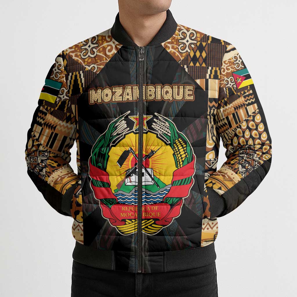 Mozambique Bomber Puffer Jacket with Black Brown Tribal Design and National Emblem - Wonder Print Shop