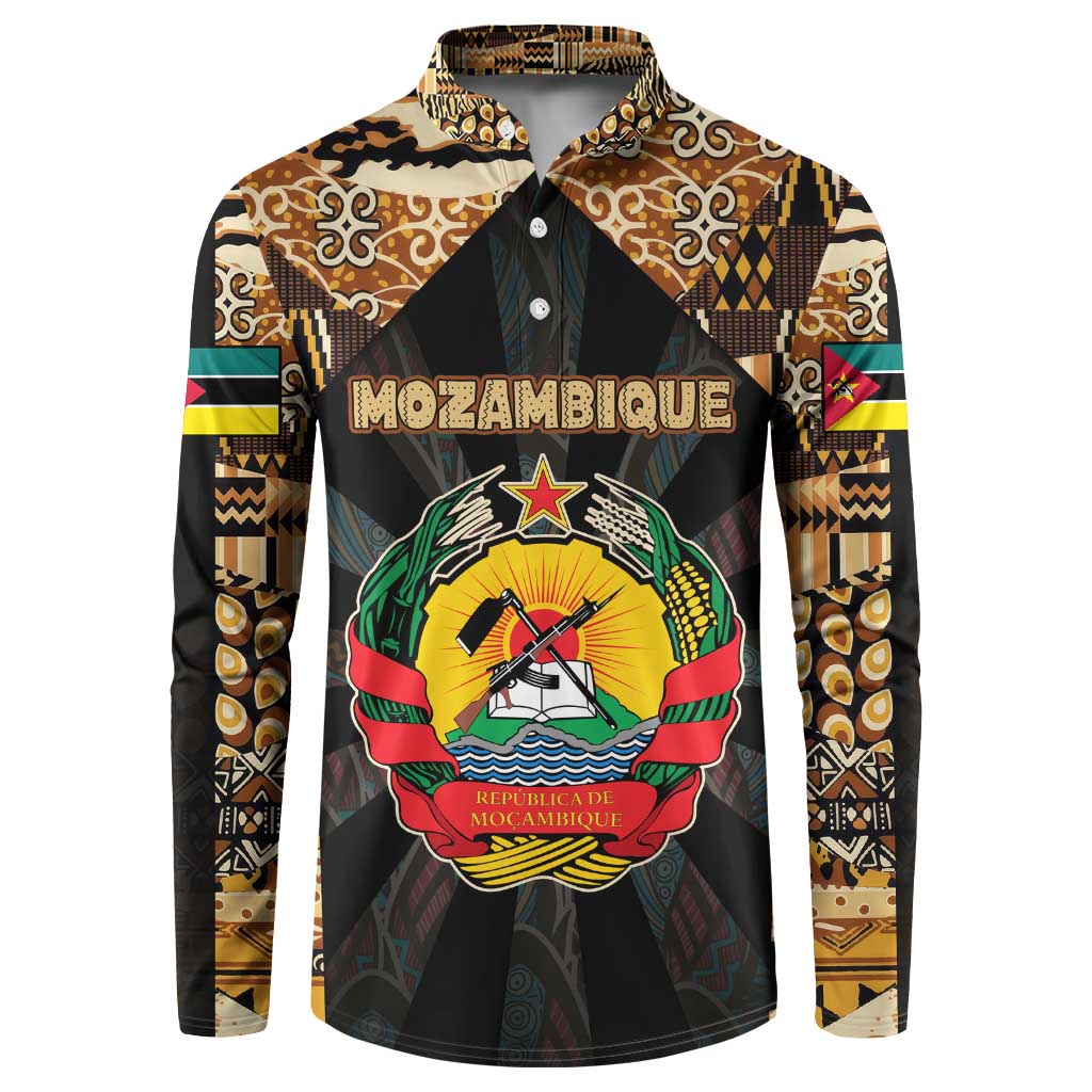 Mozambique Button Sweatshirt with Black Brown Tribal Design and National Emblem - Wonder Print Shop