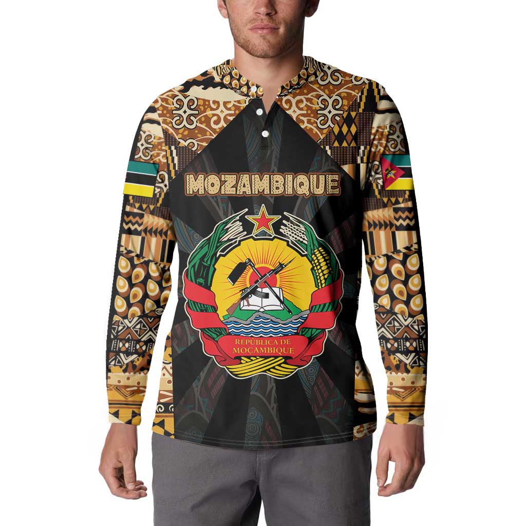 Mozambique Button Sweatshirt with Black Brown Tribal Design and National Emblem - Wonder Print Shop