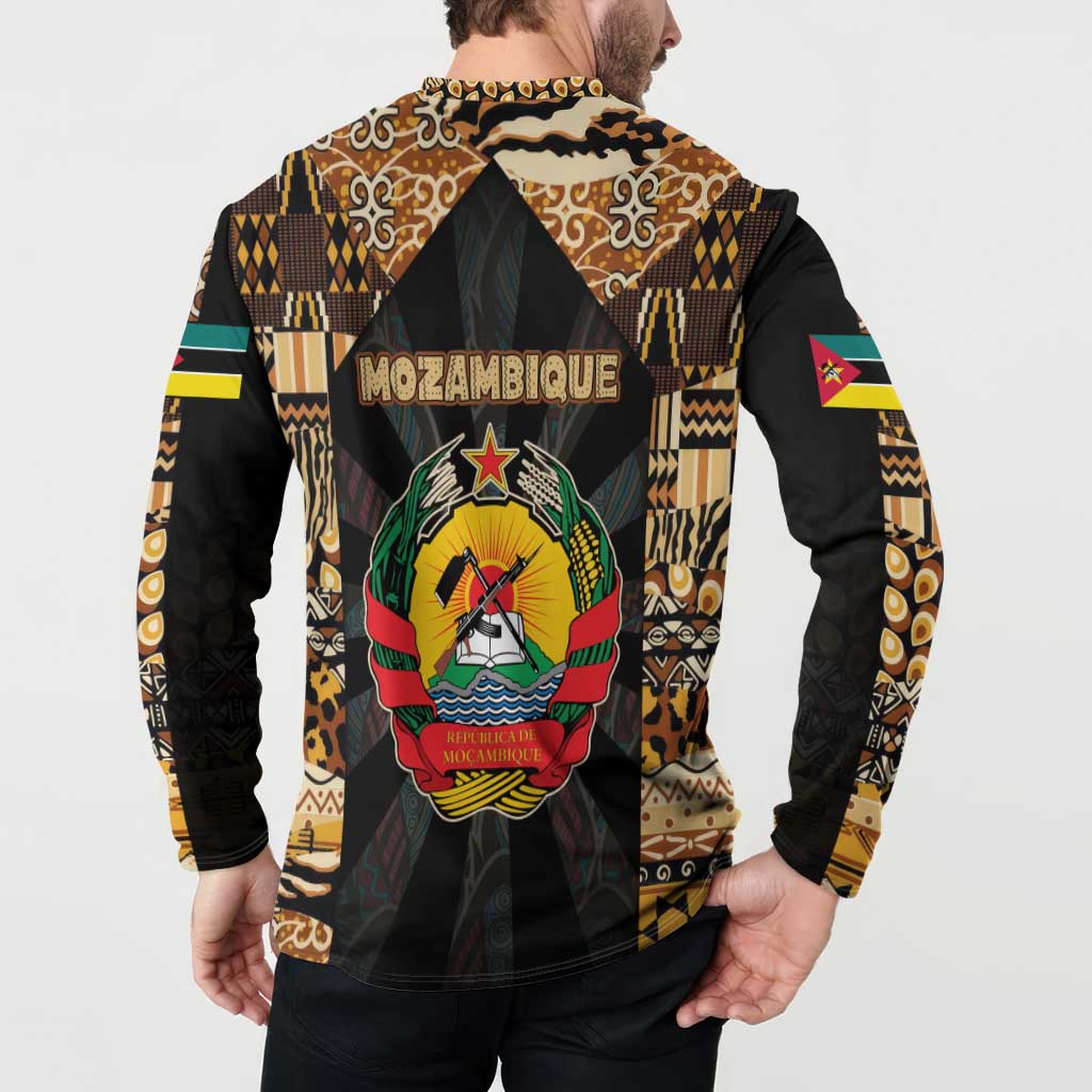 Mozambique Button Sweatshirt with Black Brown Tribal Design and National Emblem - Wonder Print Shop