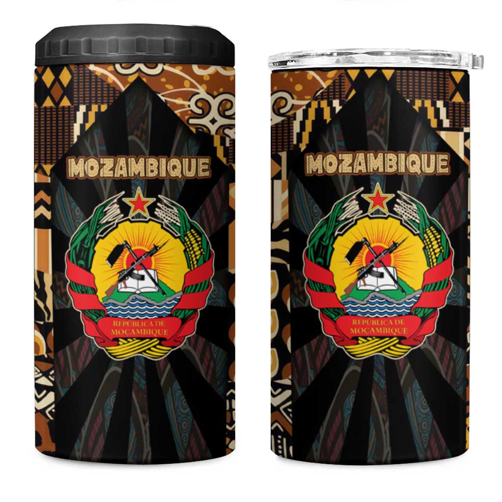 Mozambique 4 in 1 Can Cooler Tumbler with Black Brown Tribal Design and National Emblem - Wonder Print Shop