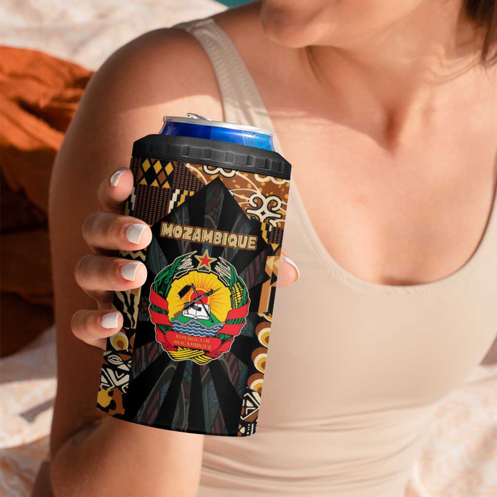 Mozambique 4 in 1 Can Cooler Tumbler with Black Brown Tribal Design and National Emblem - Wonder Print Shop