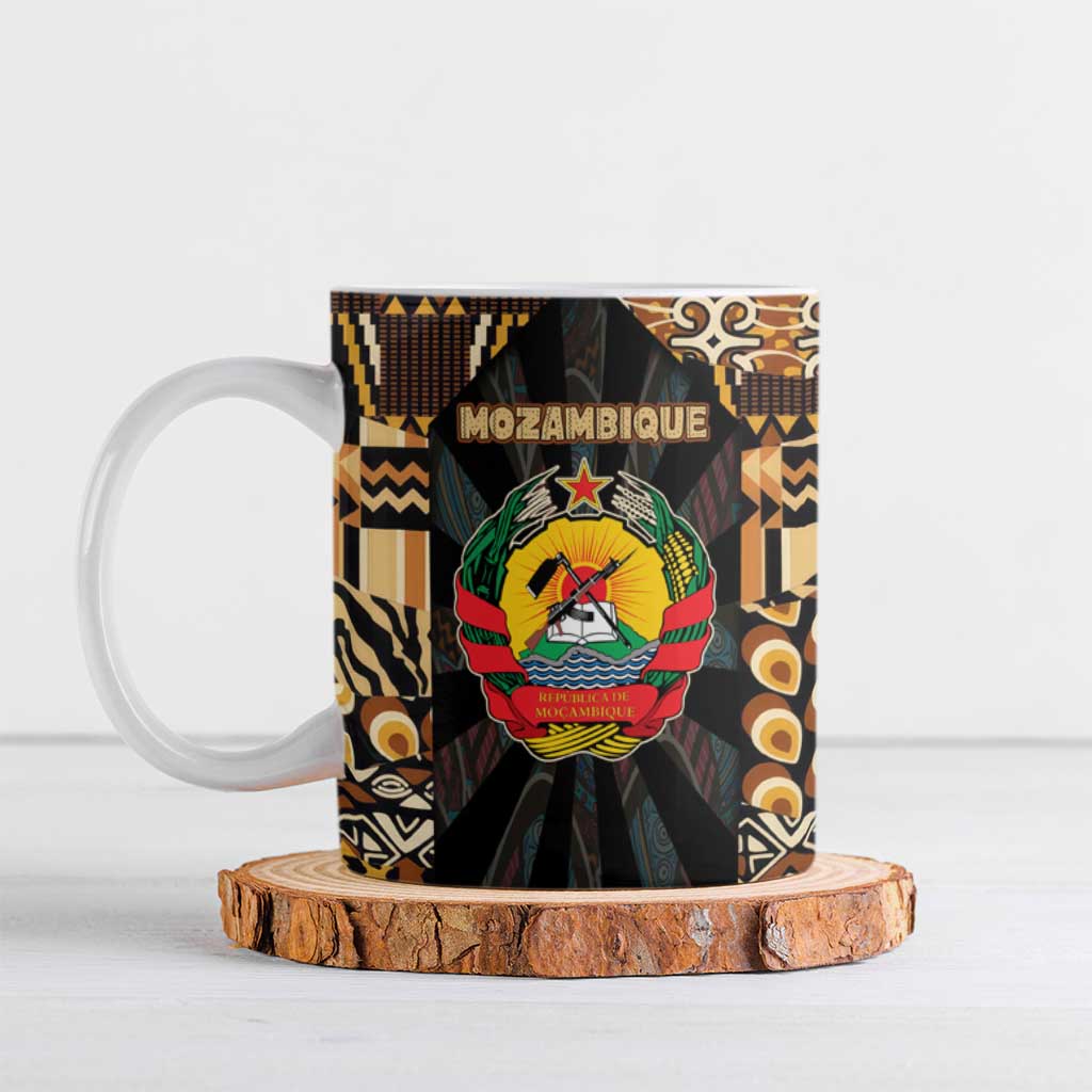 Mozambique Ceramic Mug with Black Brown Tribal Design and National Emblem - Wonder Print Shop