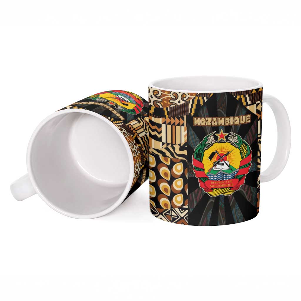 Mozambique Ceramic Mug with Black Brown Tribal Design and National Emblem - Wonder Print Shop