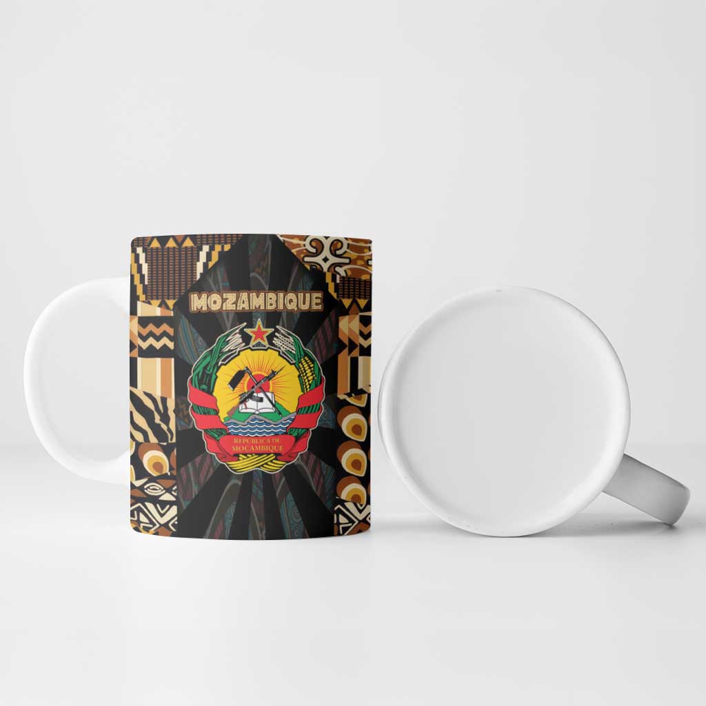 Mozambique Ceramic Mug with Black Brown Tribal Design and National Emblem - Wonder Print Shop