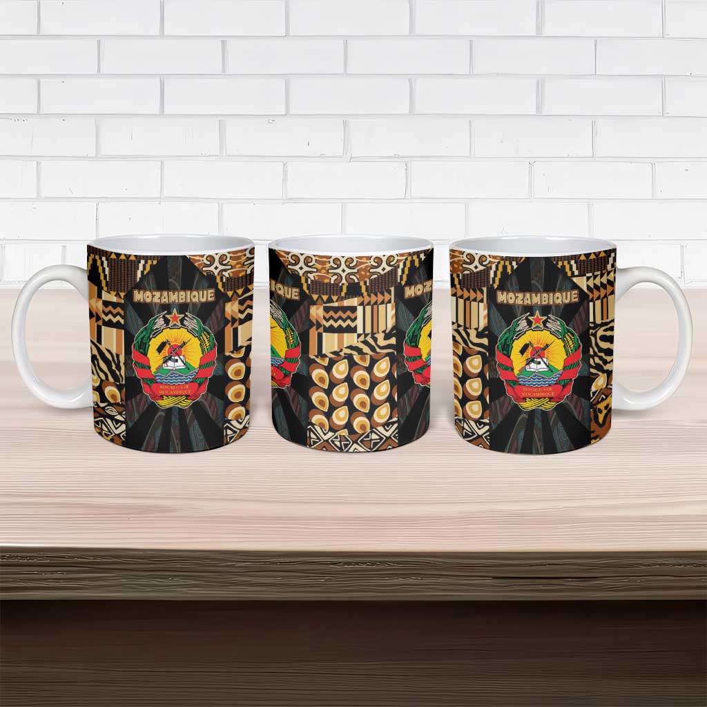 Mozambique Ceramic Mug with Black Brown Tribal Design and National Emblem - Wonder Print Shop