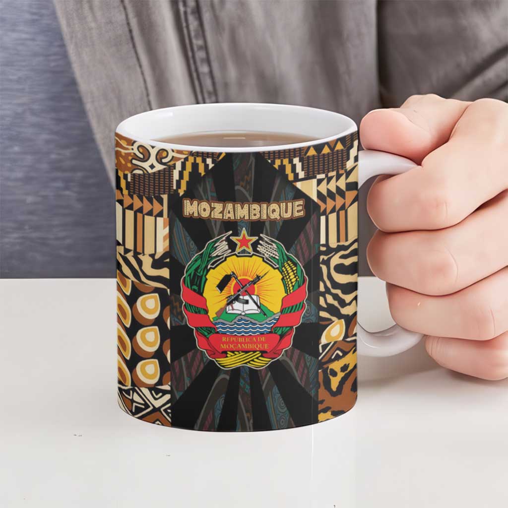 Mozambique Ceramic Mug with Black Brown Tribal Design and National Emblem - Wonder Print Shop