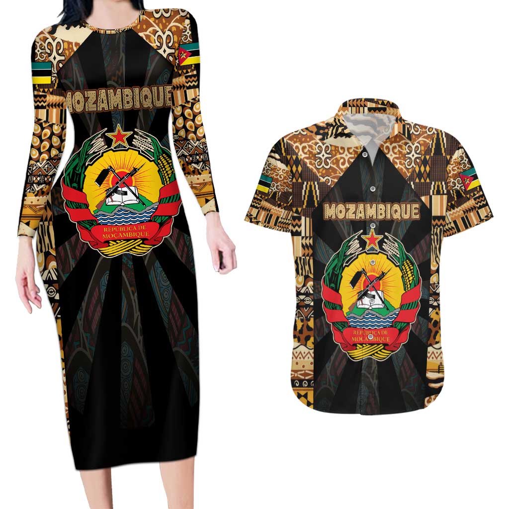 Mozambique Couples Matching Long Sleeve Bodycon Dress and Hawaiian Shirt with Black Brown Tribal Design and National Emblem - Wonder Print Shop