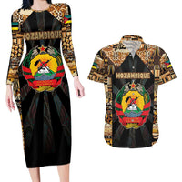 Mozambique Couples Matching Long Sleeve Bodycon Dress and Hawaiian Shirt with Black Brown Tribal Design and National Emblem - Wonder Print Shop