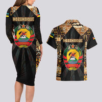 Mozambique Couples Matching Long Sleeve Bodycon Dress and Hawaiian Shirt with Black Brown Tribal Design and National Emblem - Wonder Print Shop