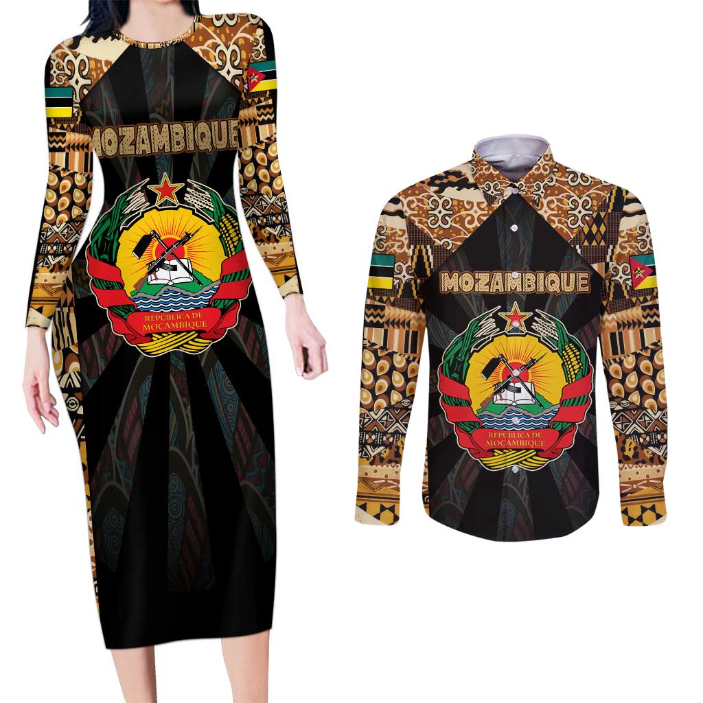 Mozambique Couples Matching Long Sleeve Bodycon Dress and Long Sleeve Button Shirt with Black Brown Tribal Design and National Emblem - Wonder Print Shop