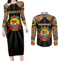 Mozambique Couples Matching Long Sleeve Bodycon Dress and Long Sleeve Button Shirt with Black Brown Tribal Design and National Emblem - Wonder Print Shop