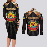 Mozambique Couples Matching Long Sleeve Bodycon Dress and Long Sleeve Button Shirt with Black Brown Tribal Design and National Emblem - Wonder Print Shop