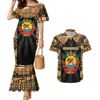 Mozambique Couples Matching Mermaid Dress and Hawaiian Shirt with Black Brown Tribal Design and National Emblem - Wonder Print Shop