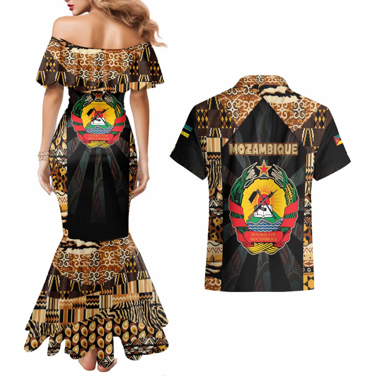 Mozambique Couples Matching Mermaid Dress and Hawaiian Shirt with Black Brown Tribal Design and National Emblem - Wonder Print Shop