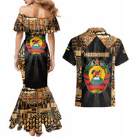 Mozambique Couples Matching Mermaid Dress and Hawaiian Shirt with Black Brown Tribal Design and National Emblem - Wonder Print Shop