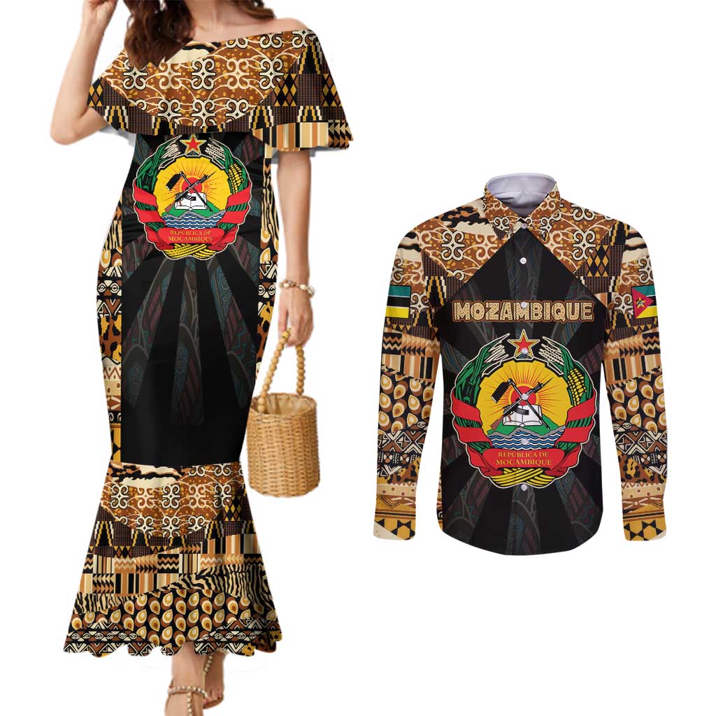 Mozambique Couples Matching Mermaid Dress and Long Sleeve Button Shirt with Black Brown Tribal Design and National Emblem - Wonder Print Shop