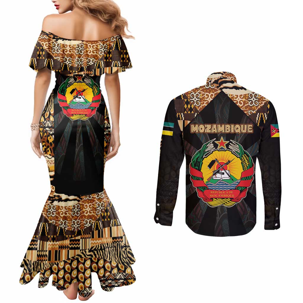 Mozambique Couples Matching Mermaid Dress and Long Sleeve Button Shirt with Black Brown Tribal Design and National Emblem - Wonder Print Shop